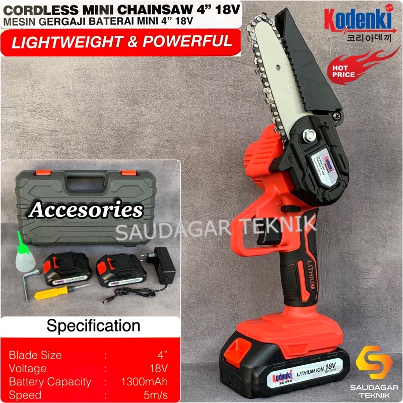 Chainsaw Cordless Mini 18V 4 Inch Kodenki Mesin Gergaji Potong Kayu Pohon Baterai Batre Chain Saw Portable 4&quot;