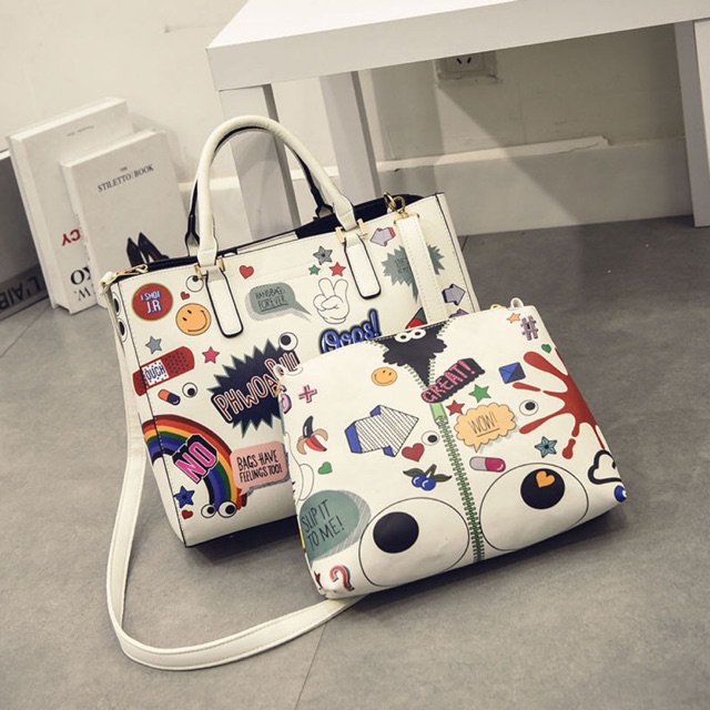 KMPLM / 2in1 tas paket handbag import korea doddle ootd fashion fashionblog black white 2 in 1 paket