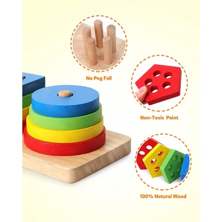 Mainan Kayu Edukasi Anak Geometric Board Stacking Tower Mengenal Bentuk Warna Shape Color Montessori Toys Wooden Board Sorting