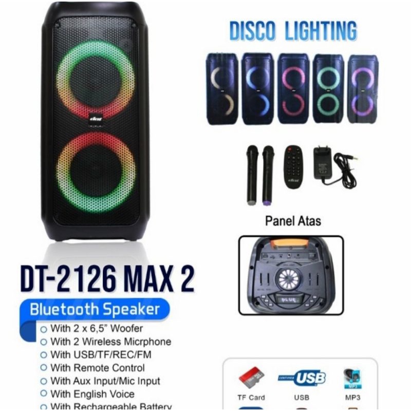 Speaker Aktif Portable DAT DT 2126 MAX 2 Bluetooth Hight Power Party Series Free 2 Mic Wireless