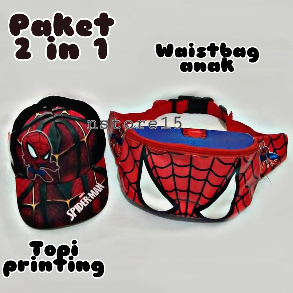 Waist bag anak laki laki, Wesbag Anak Laki Laki Motif Superhero Spiderman dan Topi Anak Laki Laki 2in1