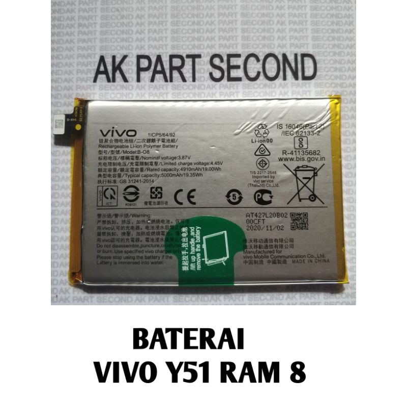 Baterai Vivo y51 ram 8 original copotan hp