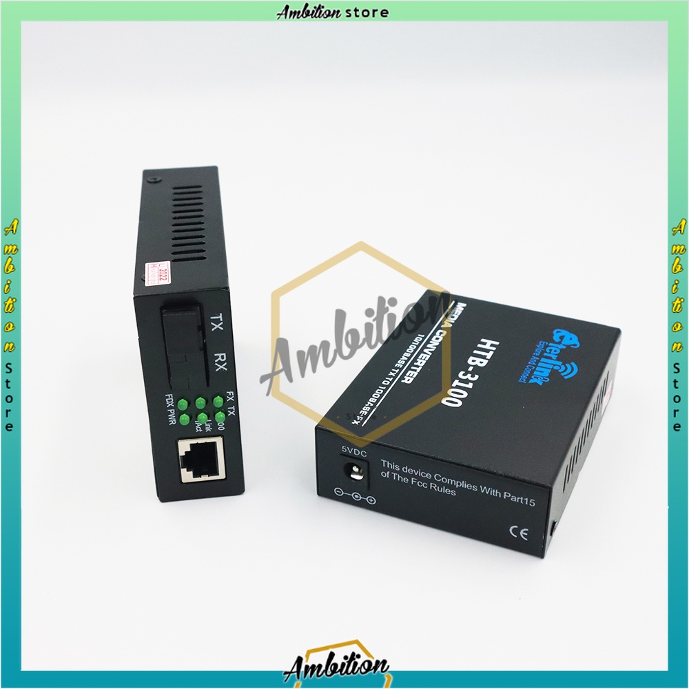 COD - HTB-3100 Media Konverter Fiber Optik Single Mode dengan 5V 2A EU adaptor