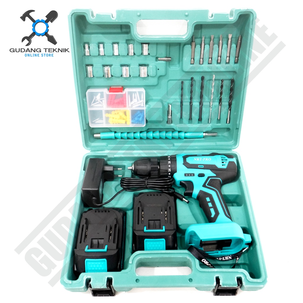 Cordless Drill NRT PRO DC 340 SET / Mesin Bor Baterai Impact Drill 20V Bor Tembok Beton Plus Set Aksesoris / DC340