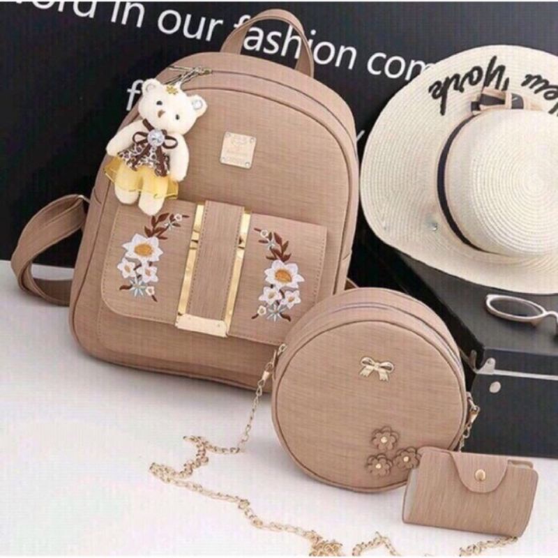 (COD)Backpack Golden Flower 3in1 Tas Ransel Ala Korea Termurah Ransel Kasual Wanita Tas Kulit Kualitas Tinggi