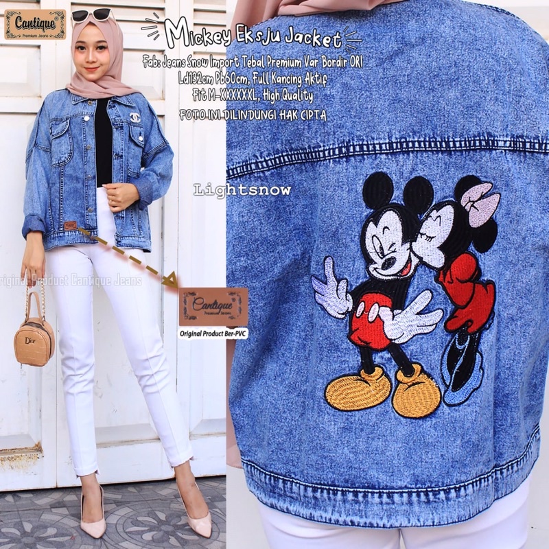 MICKEY JAKET WANITA OVERSIZE MATT JEANS SNOW IMPORT MOTIF BORDIR TIMBUL CANTIK MICKEY MOUSE JUMBO MU