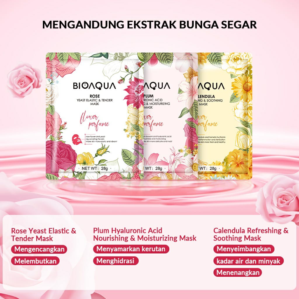 BIOAQUA Sheet Mask Masker Wajah Flowers Series (28g/pcs) Hydrating Essence Face Mask Brightening dan Anti Acne / BB