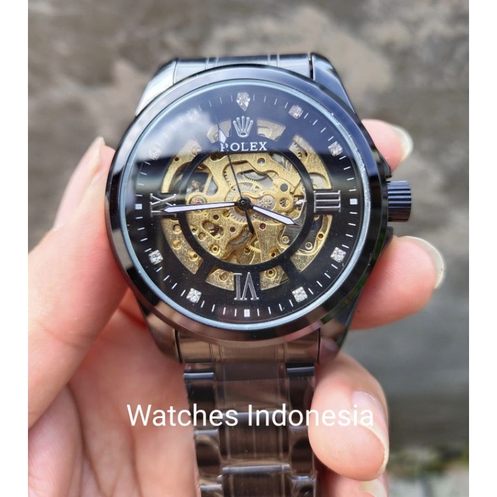 (Cod) Jam Tangan Pria Rolex Otomatis Romawi Transparan Full Black Free Bok Rolex