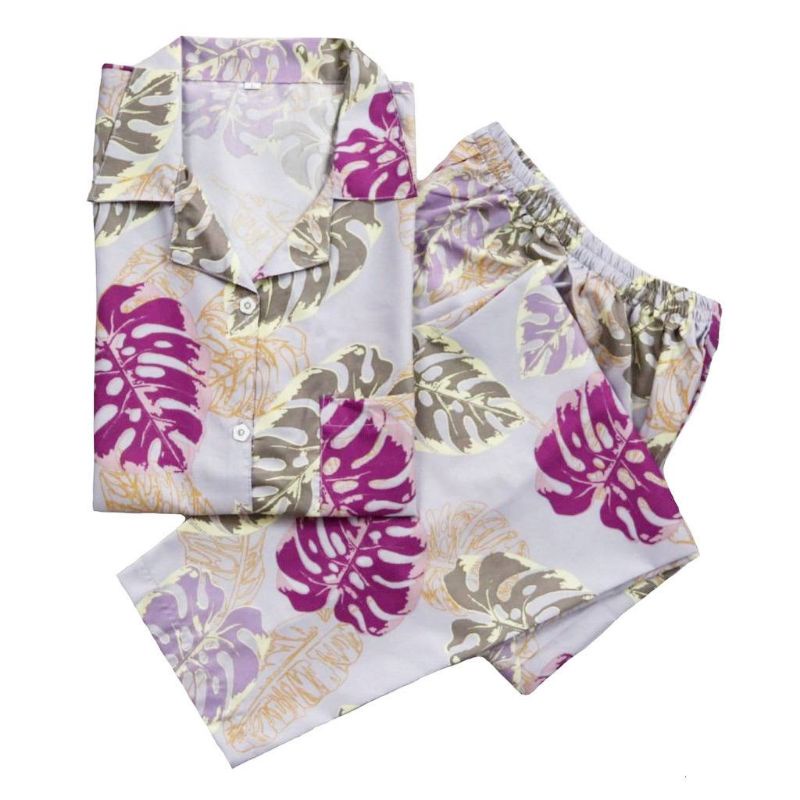 Piyama Wanita Baju Tidur Wanita Dewasa Baju Tidur Piyama Satin Apple-Leaf Gray