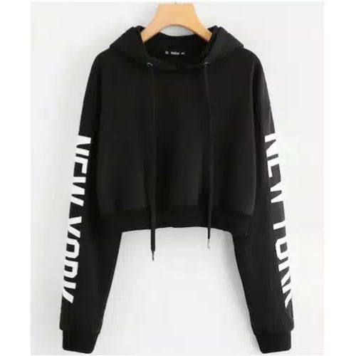 SWEATER WANITA CROP HOODIE LENGAN PANJANG PRINT NEW YORK BABYTERRY - Hitam