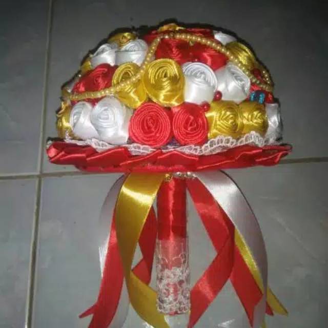 Promo buket bunga pernikahan pengantin merah putih kuning