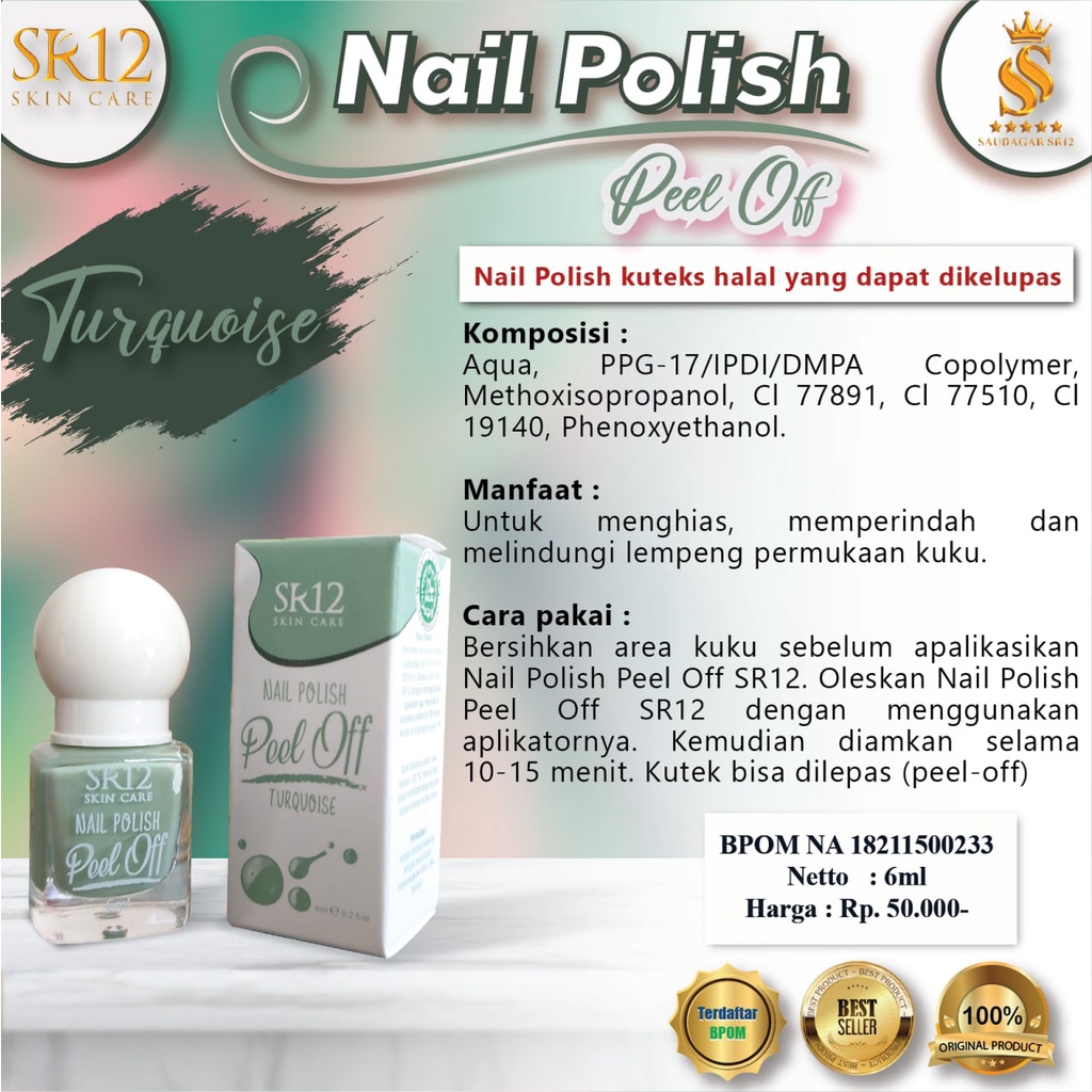 KUTEK MUSLIMAH HALAL / TERMURAH !!! KUTEK MUDAH DI KLENTEK / NAIL POLISH PEEL OFF TURQOISE SR12 / BP