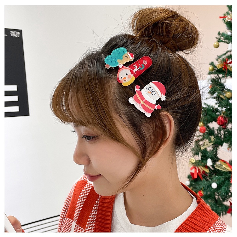 3pcs / Set Jepit Rambut Desain Pohon Natal Beruang Rusa Bahan Resin Untuk Anak Perempuan