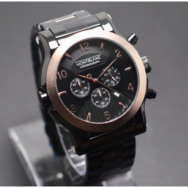 Jam Tangan Pria Montblanc Chrono On Rantai Black Body Black Ring Rose