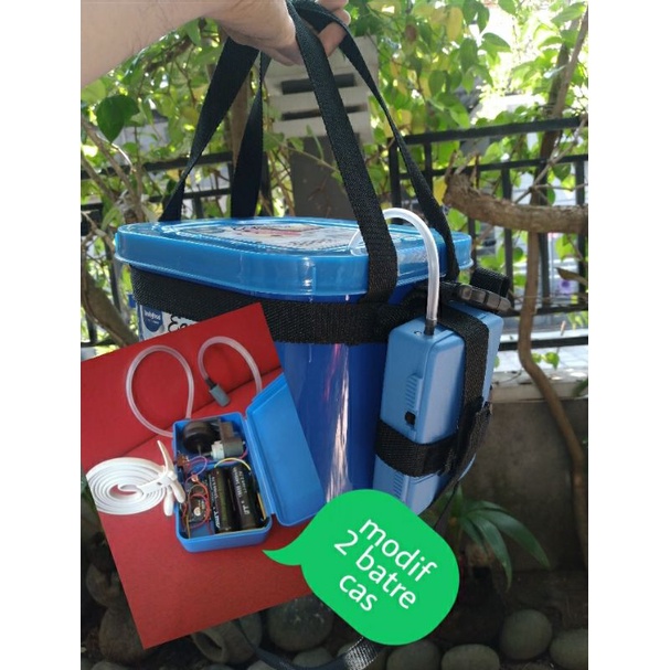 Paket Box biru tempat umpan udang hidup +tali selempang+Airator modif baterai cas +kabel charger