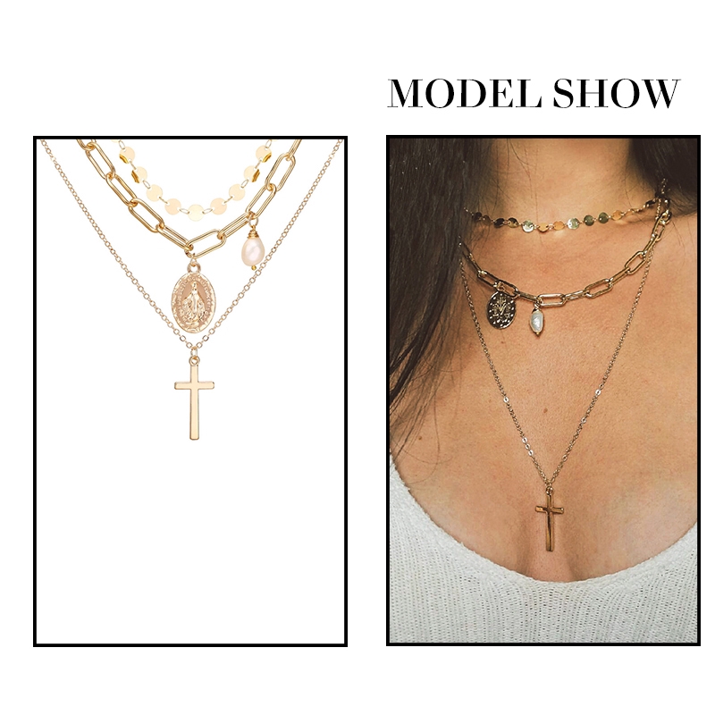 YEEZII Multilayer Fashion Gold Necklace Pearl Choker Cross Pendant Chain Women Vintage Jewelry Accessories Gifts