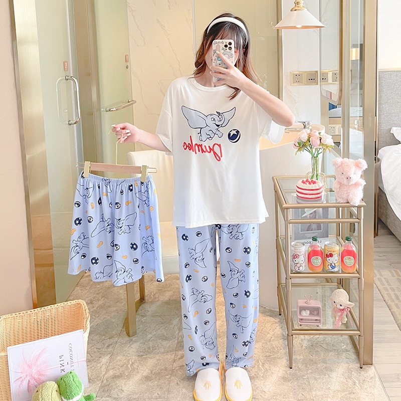 Baru set Baju Tidur Wanita Dewasa Oversize Piyama Bahan Kaos Celana Panjang & Pendek Setelan Baju Tidur 3IN1 Setelan Piyama-Dumbo Ball