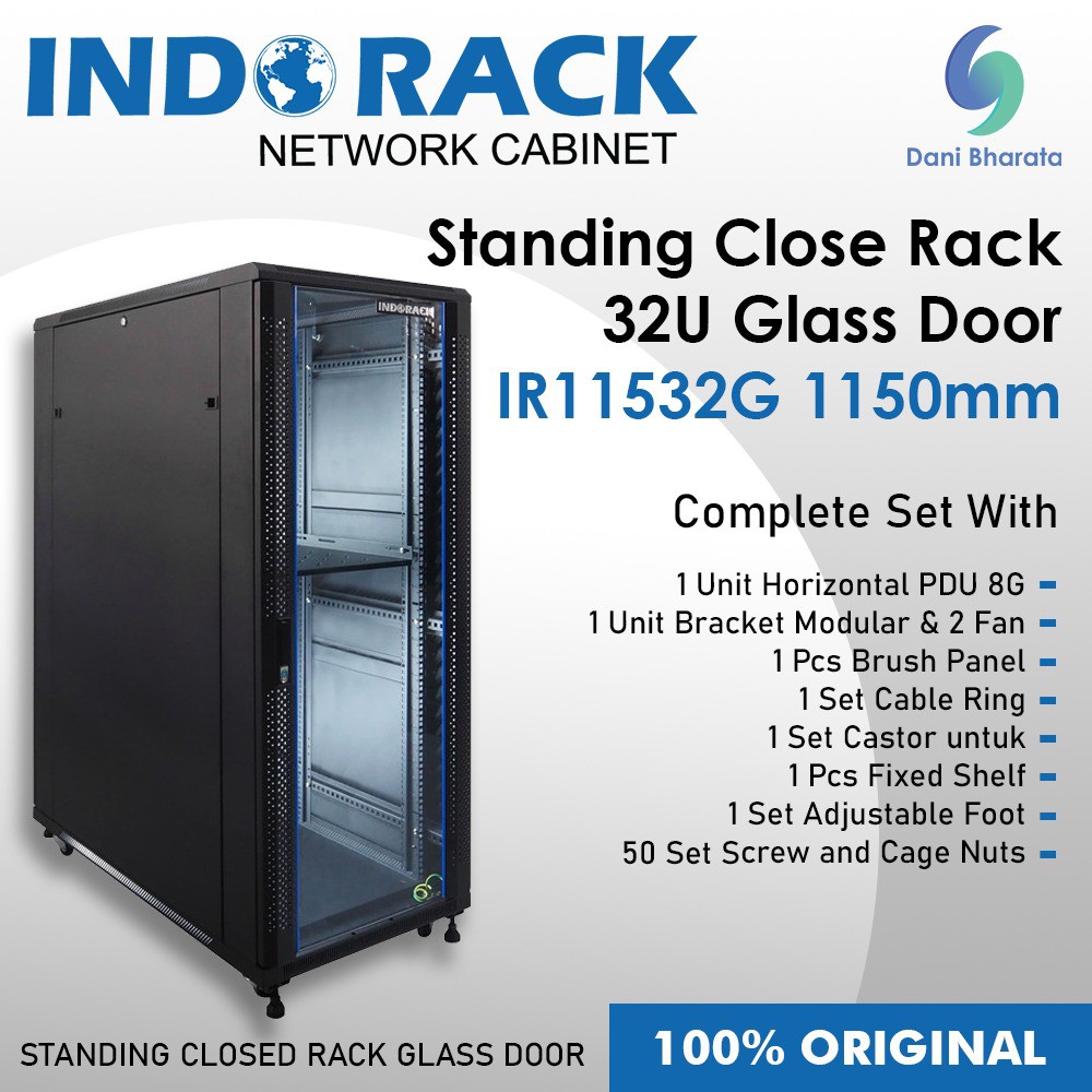 Indorack IR11532G Standing Close Rack 19&quot; 32U Glass Door Depth 1150mm