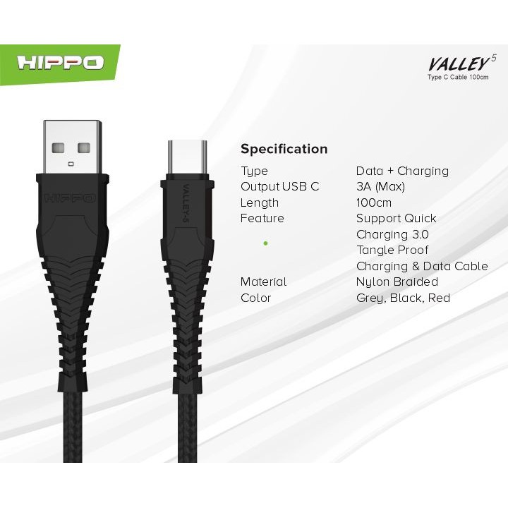 Kabel Data Hippo Valley 5 TYPE C 100 cm 3A Original Fast Charging Quick Charge Ori Tipe C