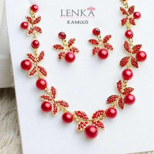 [PRODUK TERLARIS] KALUNG ANTING MUTIARA MERAH AKSESORIS PESTA WEDDING WANITA KAM005