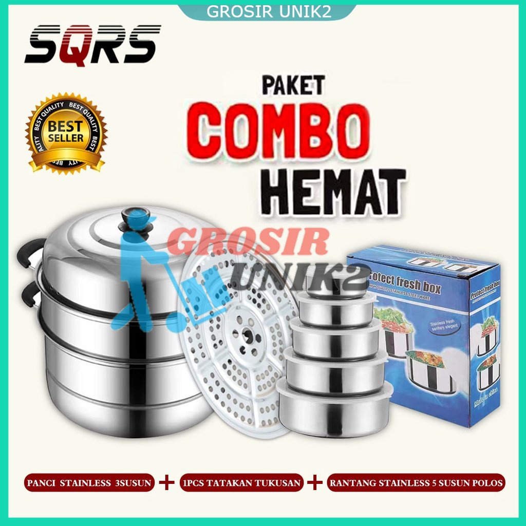 PAKET COMBO HEMAT PANCI STAINLESS PLUS RANTANG 5 SUSUN FREE TATAKAN KUKUSAN MURAH GROSIR UNIK