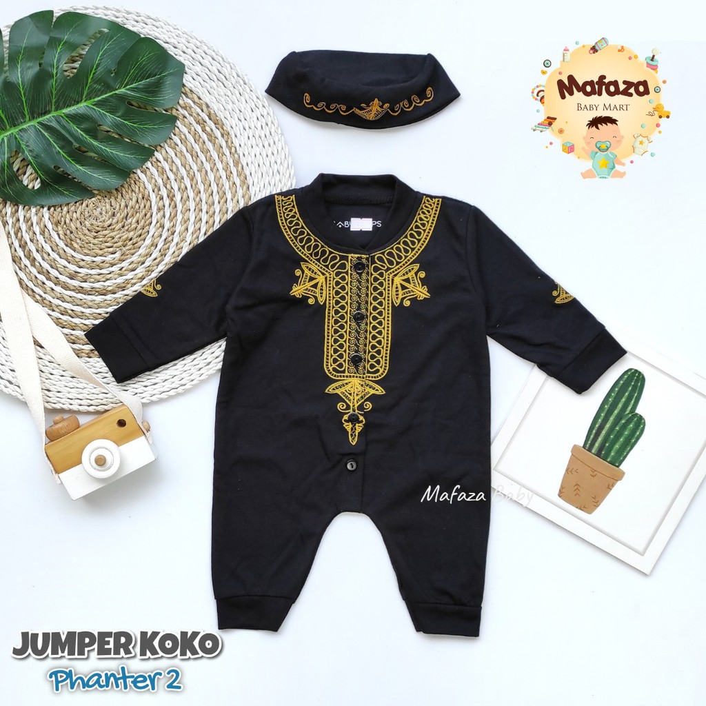 MAFAZABABY Set Jumper Romper Koko Bayi Baju Muslim Anak Bayi Laki-laki Newborn Koko Aqiqah(0-6bulan)-Motif 3 hitam