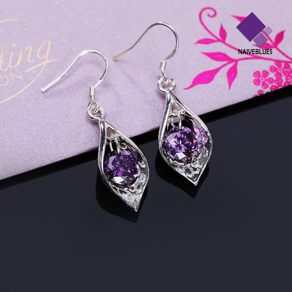 Anting Juntai Lapis Silver Hias Zirkon Warna Ungu Untuk Wanita