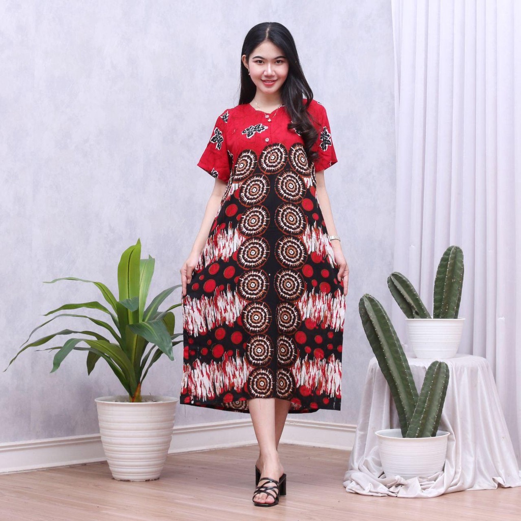 Daster Batik Lengan Pendek - Motif Daun - Leher Kancing (DPT001-133) Batik Prass-LAYLA MERAH