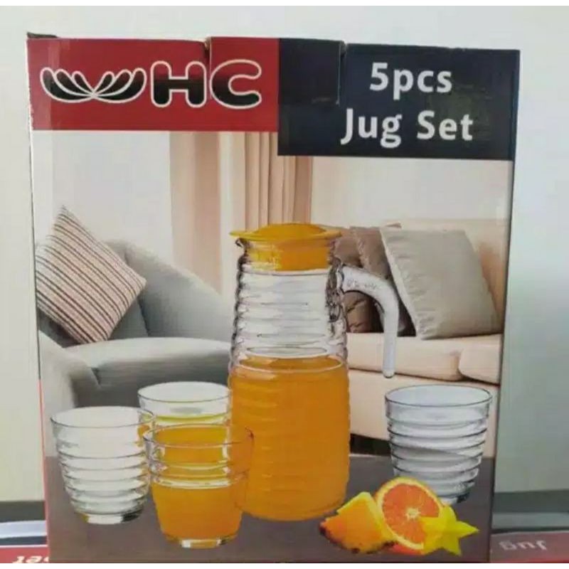 WATER JUG SET HC 5PC CERET SET GELAS MERK HC TAMBAHKAN BUBBLE AGAR AMAN