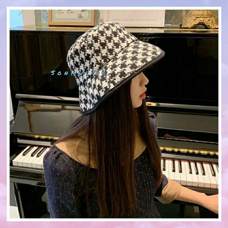 IMPORT WOMAN PLAID BUCKET HAT HOUNDSTOOTH WINTER AUTUMN SUMMER TOPI WANITA MUSIM DINGIN PANAS