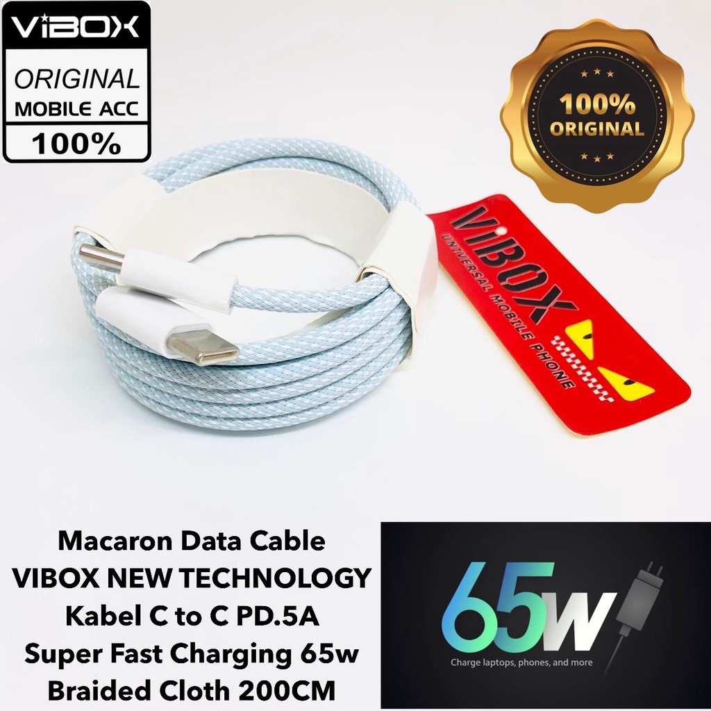 PROMO 200CM Macaron Data Cable VIBOX NEW TECHNOLOGY Kabel C to C PD.5A Super Fast Charging 65w  Braided Cloth 200CM sultan