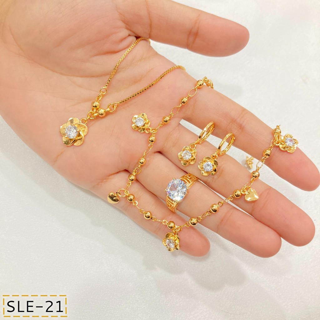 Set Perhiasan Kalung Anting Gelang Cincin Bunga Permata Lapis Emas