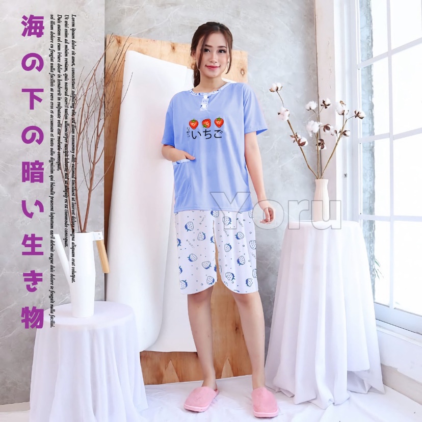 Pamelo Piyama 3/4 Baby Doll Murah Suplier Sleep Wear All Size Baju Tidur Wanita kaos Katun Stelan Stage2 Baju Tidur Murah Produk Terlaris-3 stobbery Biru
