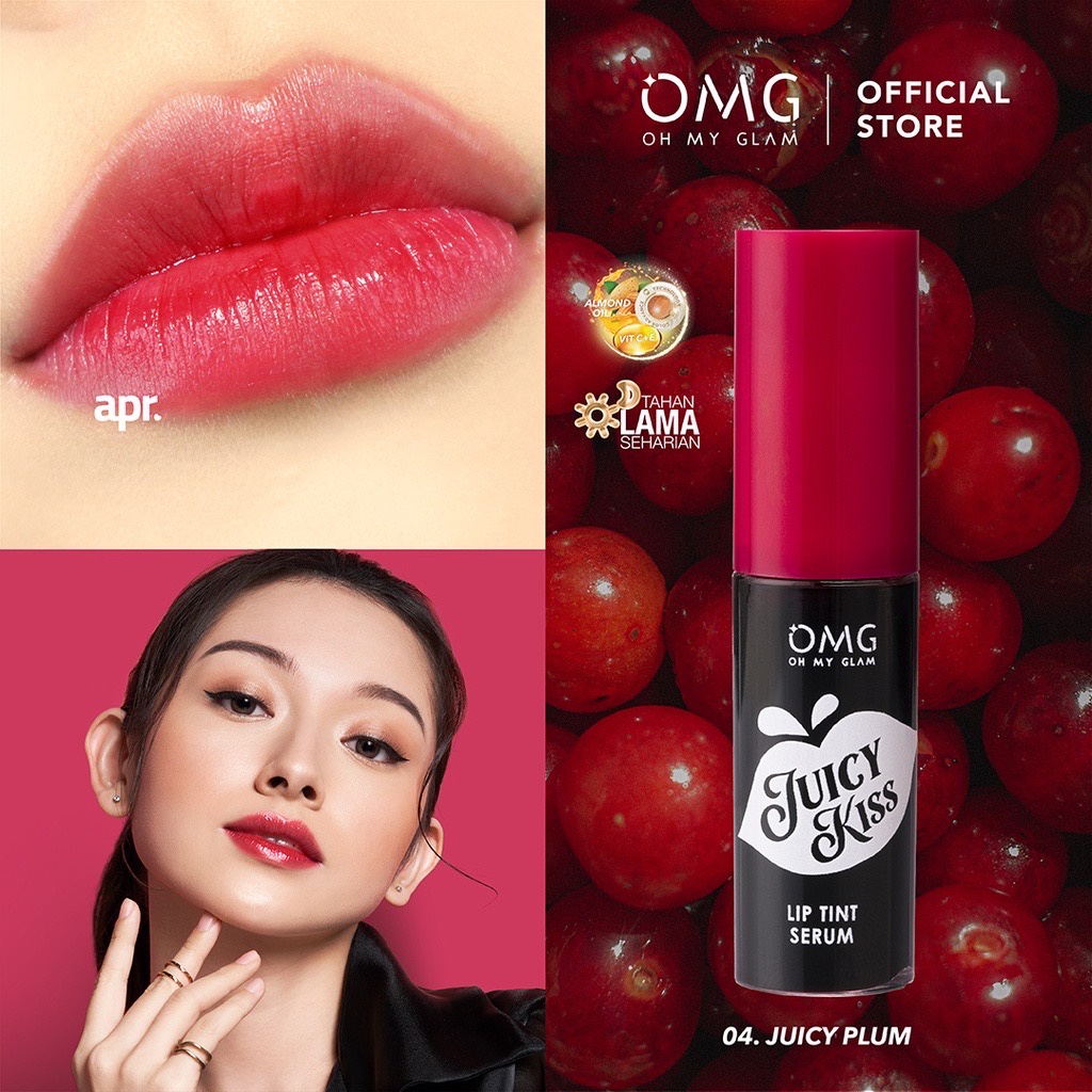 OMG Oh My Glam Juicy Kiss Lip Tint Serum Indonesia / Serum Bibir / Strawberry Grapefruit Peach Plum Matte 5.3g / Treatment Perawatan / Lipstick Make Up Cosmetic / Foundation Loose Powder Blush On Eyeliner Mascara Kiss Cream Gloss / Skincare Paket Wajah