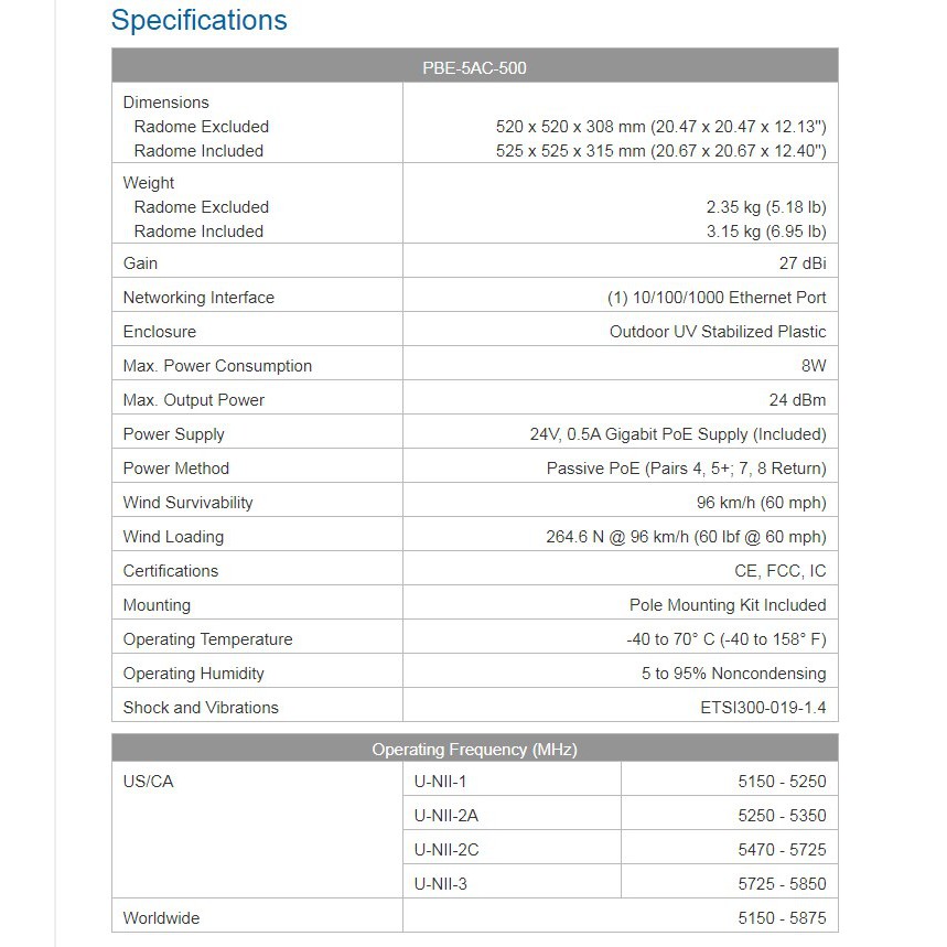 Ubiquiti PBE 5AC 500 PowerBeam 5Ghz AC 500 27dBi