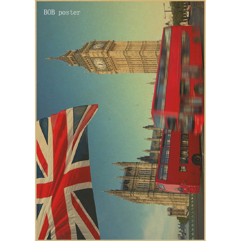 Poster Desain London Red Busses Dan Telepon Booths Gaya Retro Vintage Untuk Dekorasi Cafe Bar