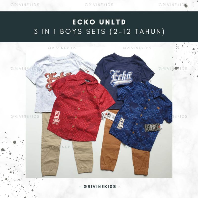 RESTOCK Setelan 3in1 Celana Kemeja Kaos Anak Laki Set ECKO UNLTD