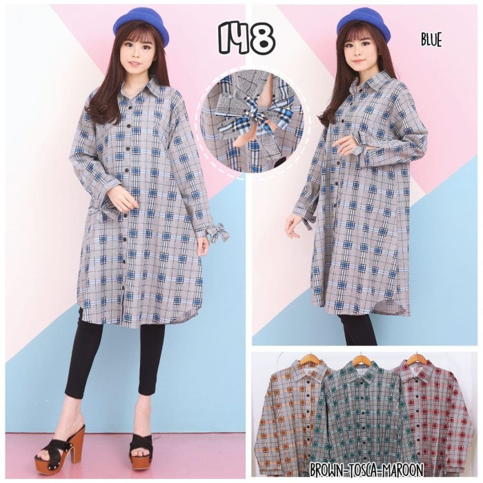 Oz888 Tunik wanita | Tunik kemeja katun | Tunik kotak kotak - Merah