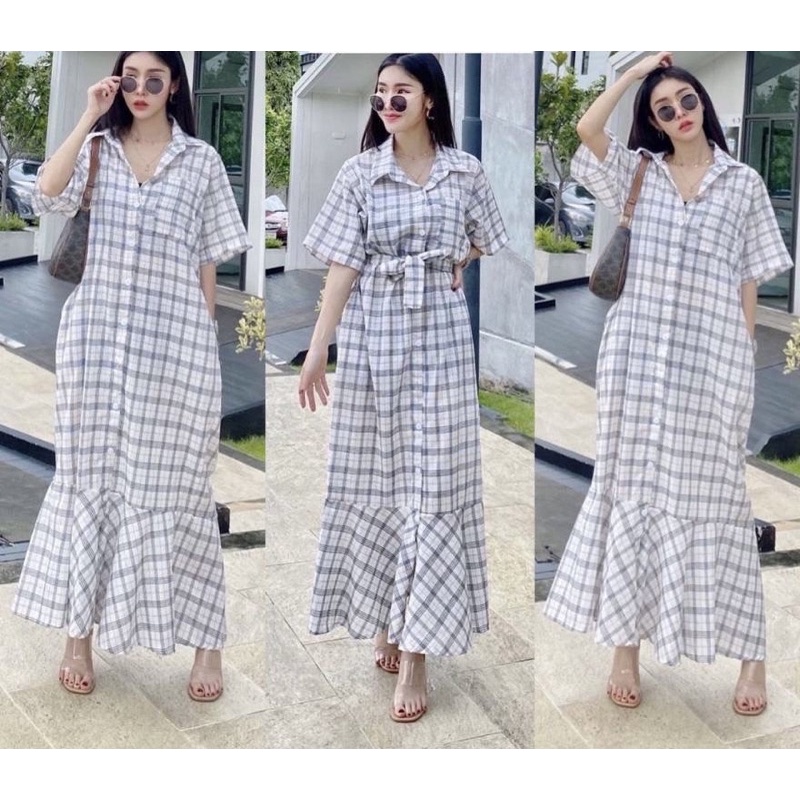 marketonline dress panjang motif kotak kotak / longdress casual