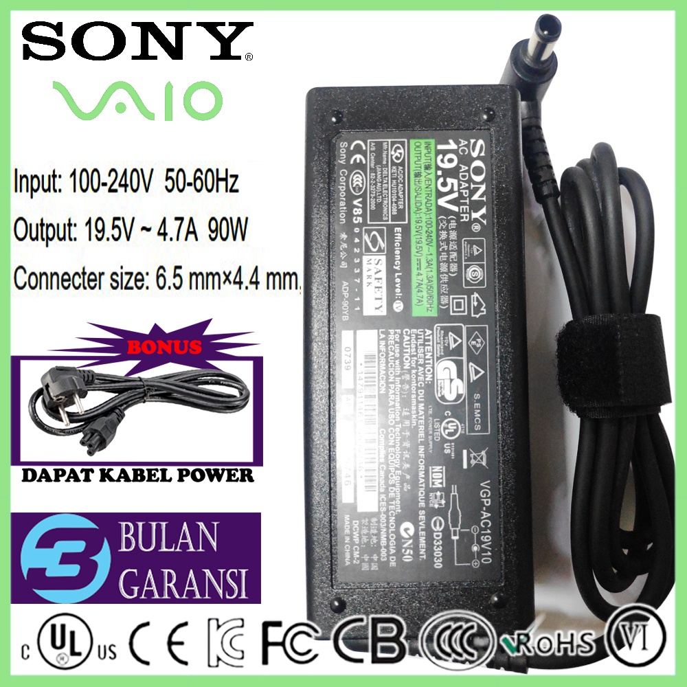 Adaptor Charger Casan Original Laptop Sony Vaio 19.5V 4.7A 90W TV LED Sony Bravia 19&quot;22&quot;24&quot;32&quot;42&quot;55 inch PCG-61317L PCG-31311W VGN CR VGP-AC19V10 VGP-AC19V12 VGP-AC19V20 Pin 6.5*4.4mm