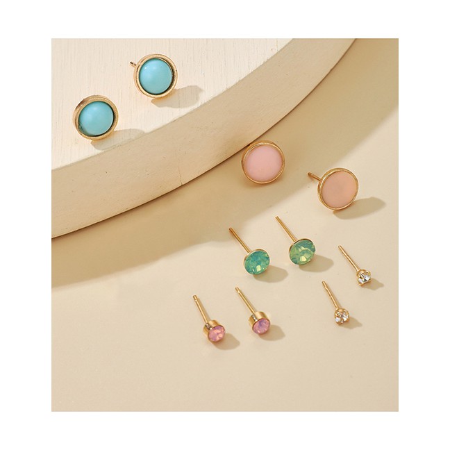 LRC Anting Set Fashion Color Mixing Round Turquoise Contrast Alloy Earrings Set P14824