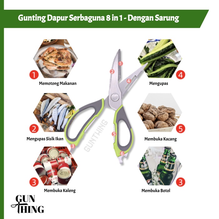 Gunting Dapur Multifungsi Serbaguna 8 in 1 - Dengan Sarung Magnet - Stainless Steel Warna Random