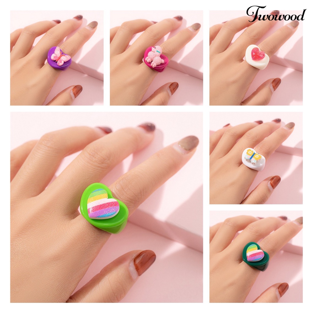 Cincin Model Lebar Bahan Resin Warna-Warni Untuk Anak Perempuan