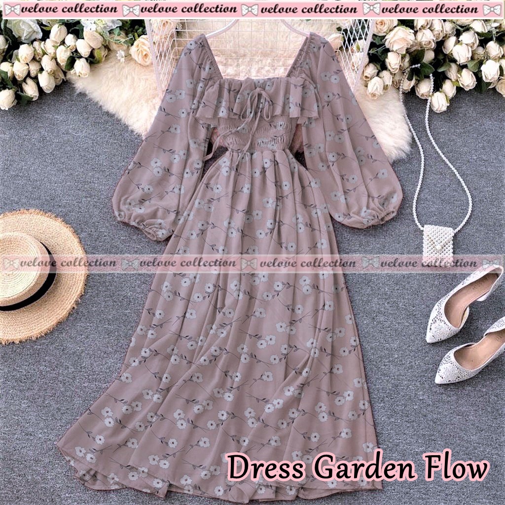 JONKA FASHION - Dress Sora Flower Fashion Wanita Gaya Vintage Dress Casual Terbaru-6230 Coksu Keabuan