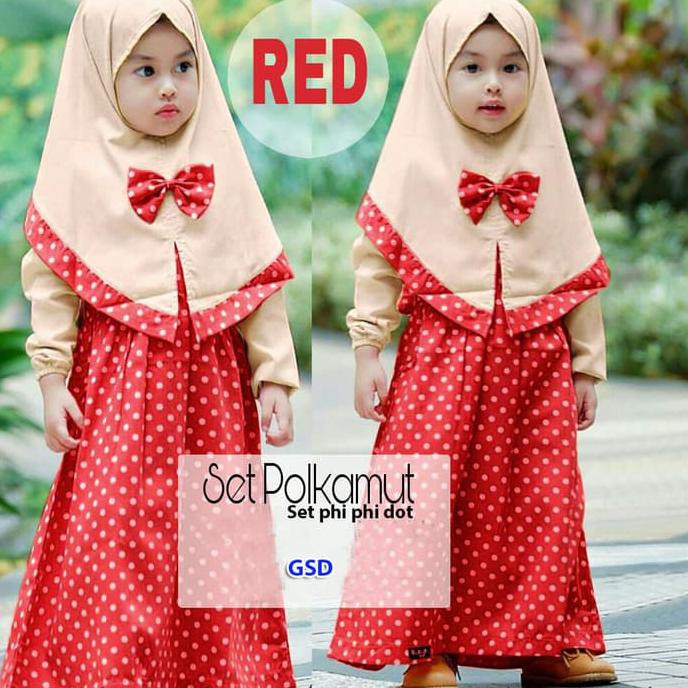 Set Polkamut Merah/Setelan Dress Gamis Anak+Bergo/Setel Baju Maxi Anak - Merah