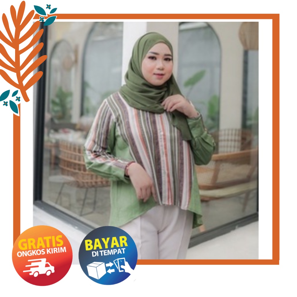 Ezpata Kemeja Tara Top Bigsize LD 114cm Kancing Aktif Busui Friendly Lengan Kancing Wudhu Friendly Bahan Linen Motif Stripe Kekinian