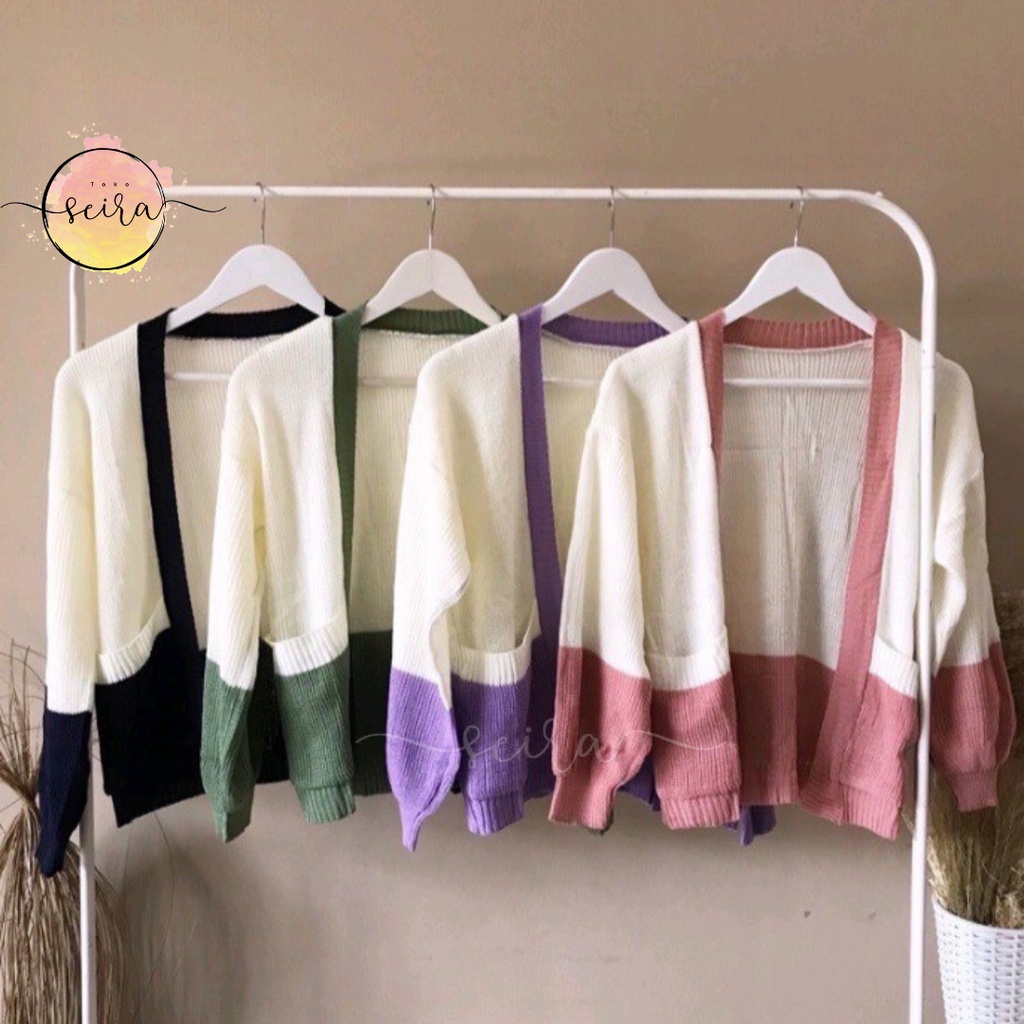 [BISA COD] Manda Outer Cardy 2 Tone / Sweater Wanita / Cardigan Rajut / Outer Wanita / Knit Cardigan / Outer Rajut / Manda Cardi