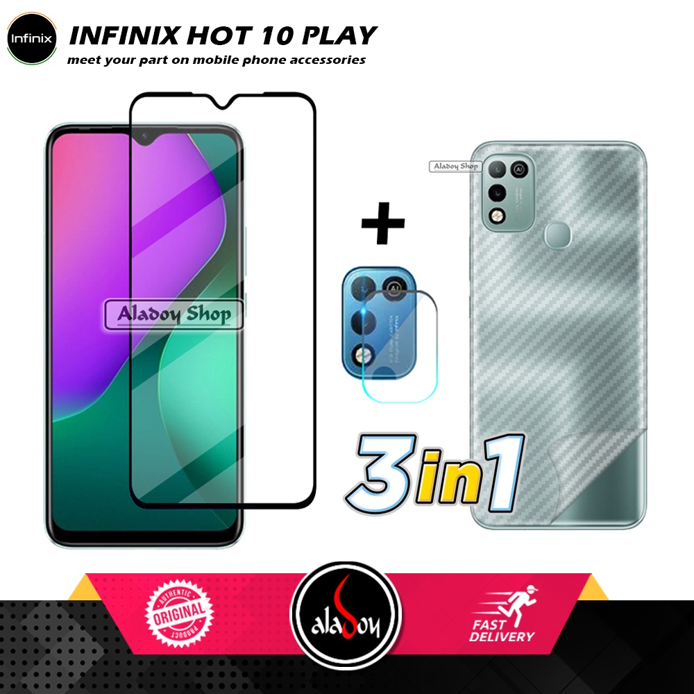 PAKET 3 IN 1 Tempered Glass Layar Infinix Hot 10 Play Free Tempered Glass Camera dan Skin Carbon 3D