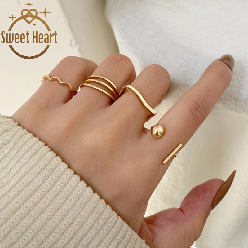 4pcs / Set Cincin Desain Geometri Gelombang Gaya Korea Untuk Wanita