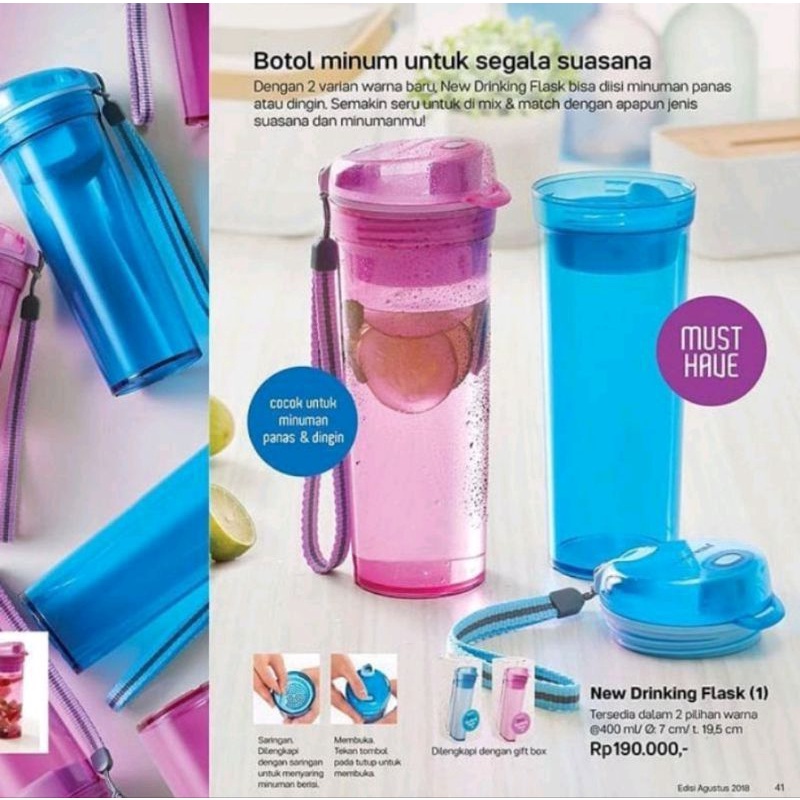 Tupperware New Drinking Flask 400 ml (1 Pcs) / Hot & Cold Infused Water Bottle With Strainer Botol A